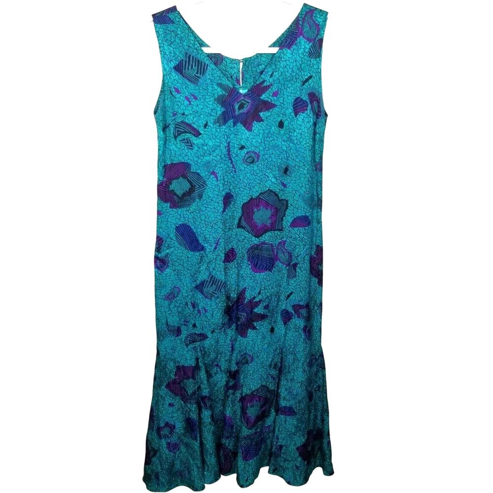 Vintage Nora Noh 100% Silk Floral Midi Dress Size 4 Ruffle Hem Coastal Wedding